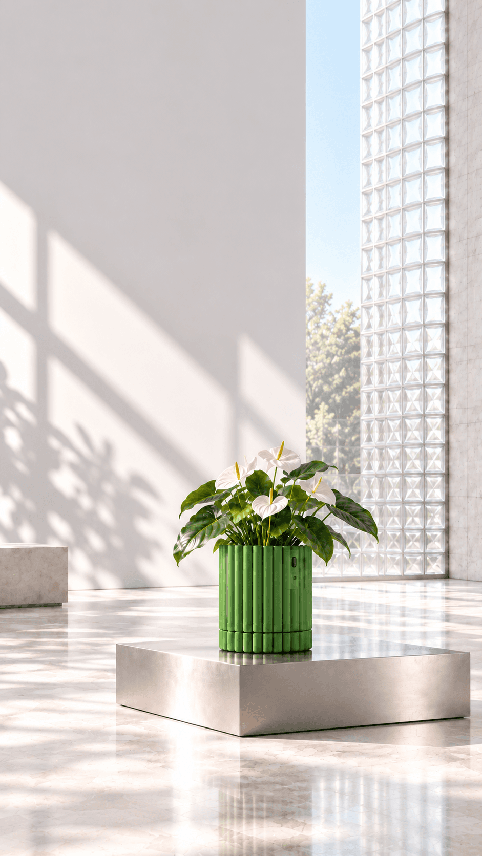 Green fluted Chlora smart planter with an Anthurium in a bright architectural room
