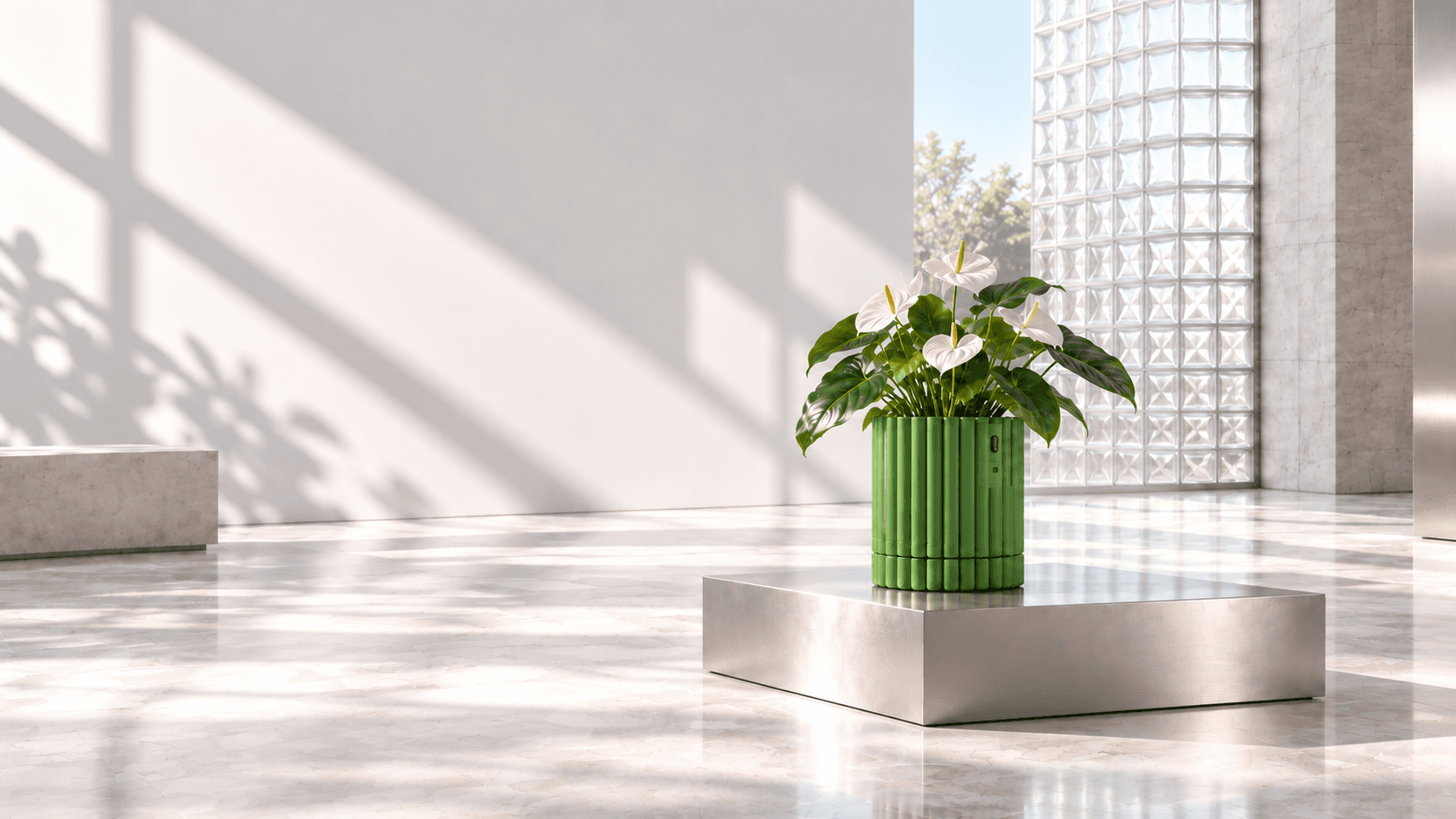 Green fluted Chlora smart planter with an Anthurium in a bright architectural room