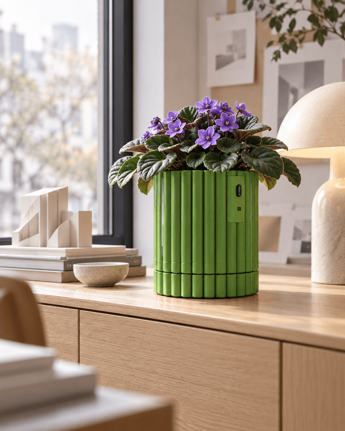 Chlora caring for an African violet in a warm home interior