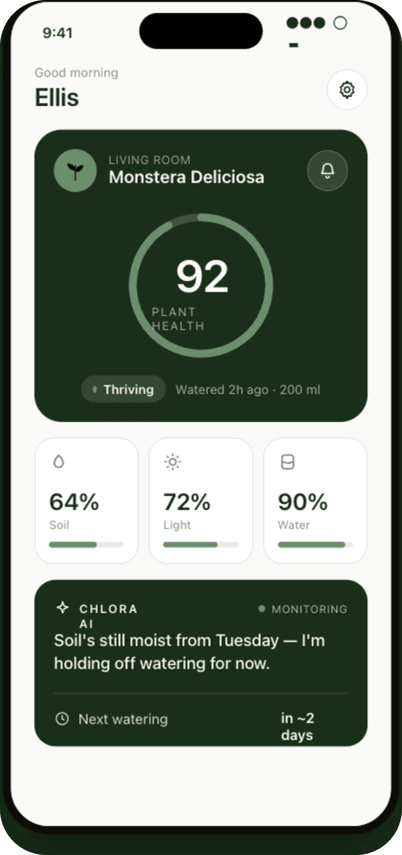 Chlora app screen showing an indoor plant health overview