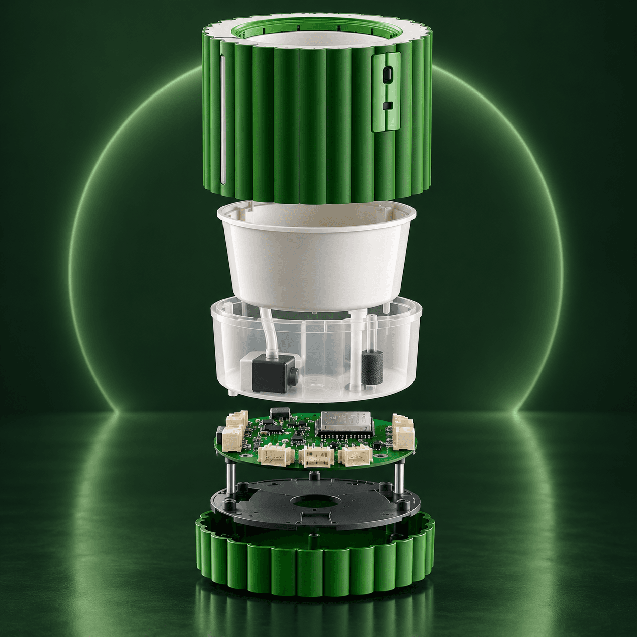 Chlora planter technology showing its sensor, reservoir, and watering system