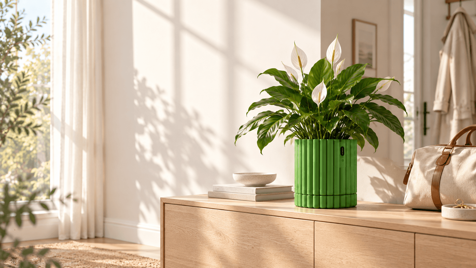 Green Chlora automatic planter beside a travel bag in a bright Scandinavian entryway