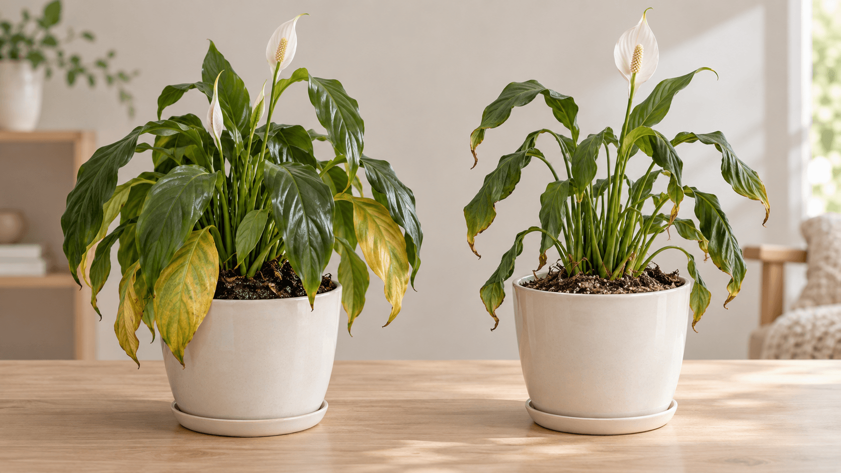 Two peace lilies showing realistic overwatering and underwatering symptoms side by side